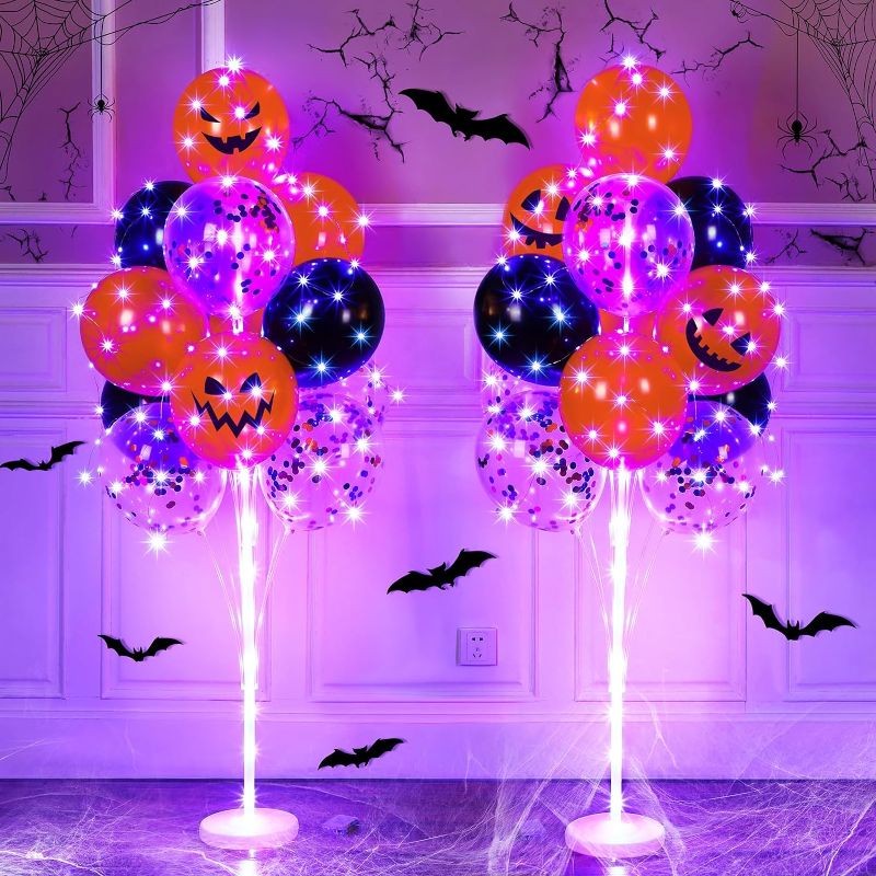 Photo 1 of 2 Sets Halloween Christmas Floor Balloon Column Stand Kit with LED Lights 40 Pcs Balloons, Balloon Holder Centerpieces Balloon Tower Stand for Birthday Baby Shower Wedding(Orange, Purple, Black)
