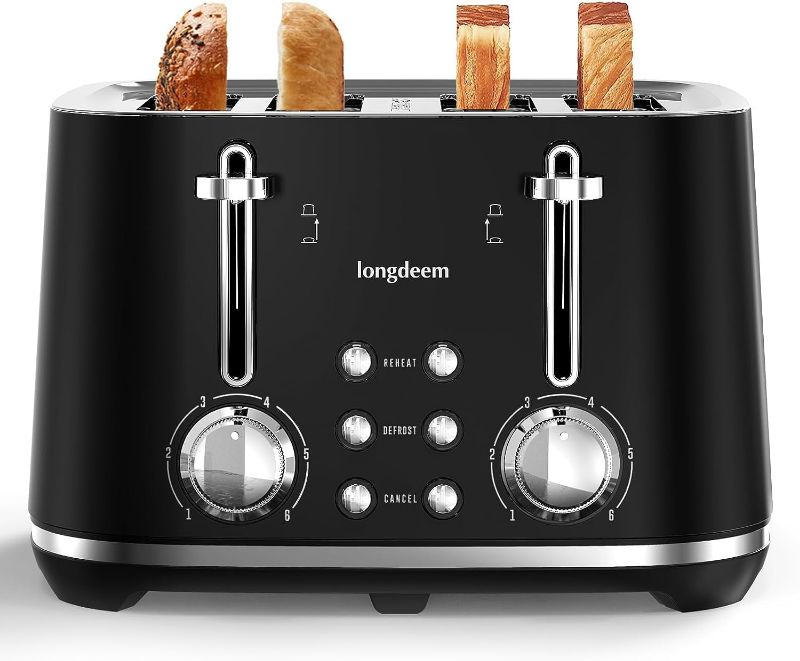 Photo 1 of 4-Slice Stainless Steel Black Toaster - Retro, Adjustable Shade, Bagel & Defrost Functions - Extra Wide Slot with Crumb Tray by Longdeem
