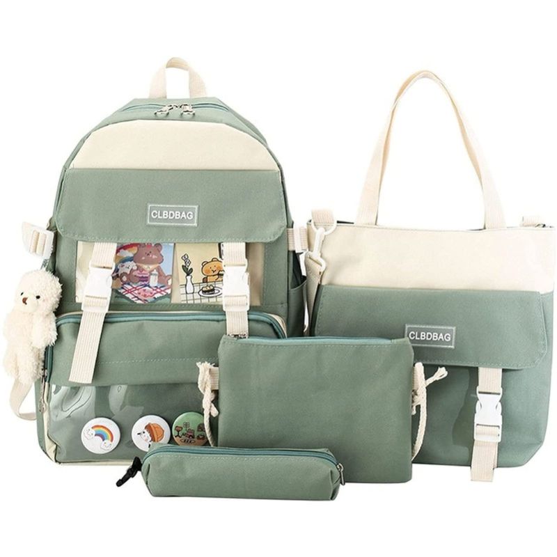 Photo 1 of 4Pcs Aesthetic Backpack School Bag, Tote Bag, Green