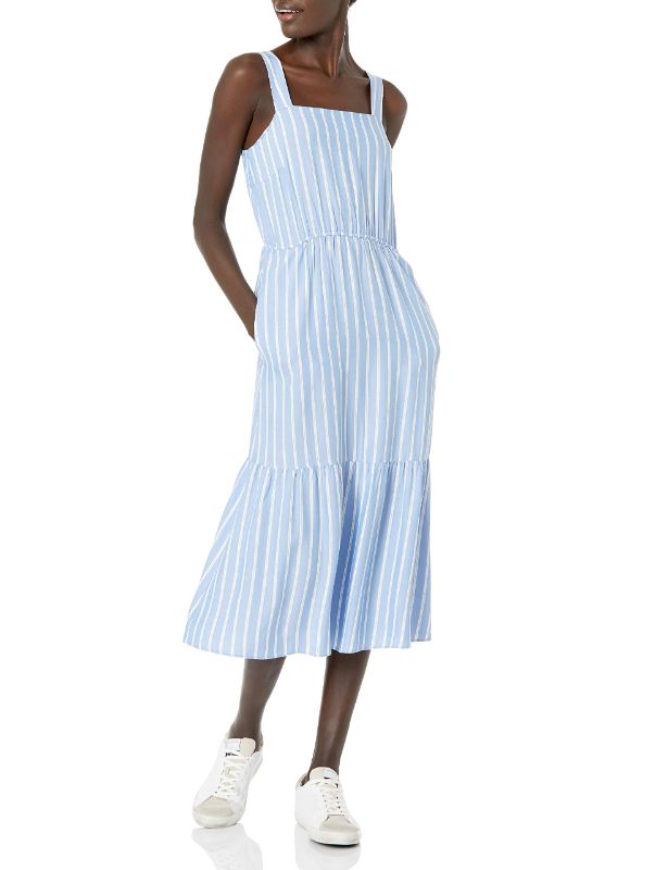 Photo 1 of Amazon Essentials Women's Fluid Twill Tiered Midi Summer Dress X-Small Blue/White, French Stripe