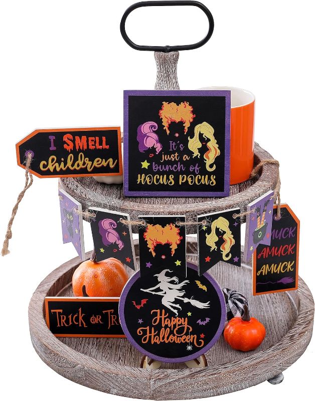 Photo 1 of 10 Pcs Halloween Hocus Pocus Tiered Tray Decor (Tray Not Included) - I Smell Children Wooden Sign, Halloween Mini Sign Wood Tiered Tray Decor Party Decor for Halloween
