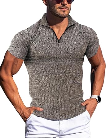 Photo 1 of Beotyshow Mens Muscle Zipper Polo Shirts Slim Fit Stretch Short Sleeve T Shirt Workout Casual Athletic Golf Shirts