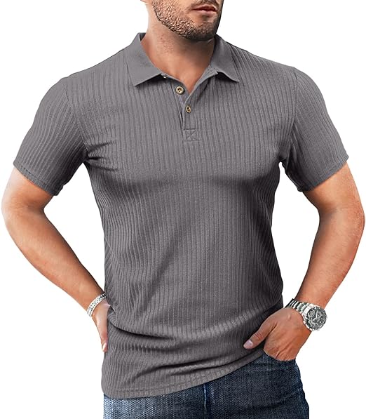 Photo 1 of 3XL YRW Men's Casual Short Sleeve T Shirt Solid Color Stretch Polo Shirts Classic Ribbed Golf Shirts Muscle Jersey Shirt