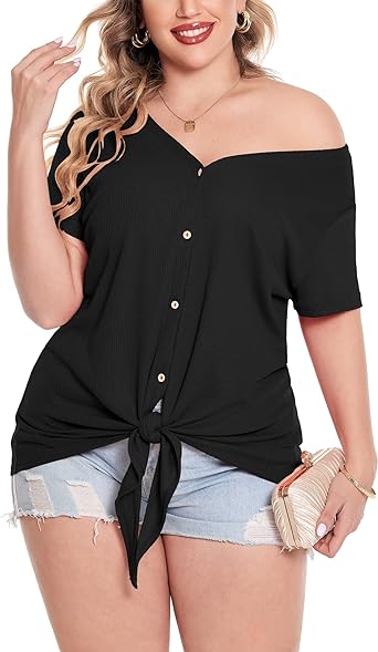 Photo 1 of 20W IN'VOLAND Women's Plus Size Waffle Knit Tunic Blouse Tie Knot Short Sleeve Henley Tops V Neck Button Down Shirts