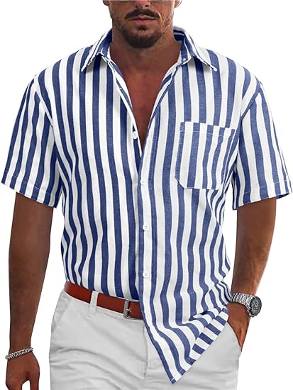 Photo 1 of 2XL Men's Casual Short Sleeve Button Down Striped Shirt Regular Fit Beach Yoga Work Fashion Shirts for Men