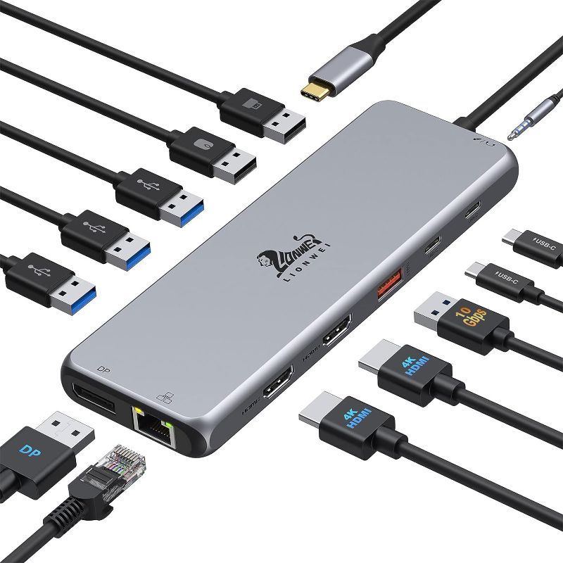 Photo 1 of USB C Docking Station Dual Monitor 13 in 1 Triple Display USB C Hub Multiple Adapter with 2 HDMI+DP+8 USB C/A Ports+Ethernet+Audio, USB C Dongle for MacBook/Dell/HP/Lenovo ThinkPad/Surface