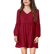 Photo 1 of Batermoon Girls' Long Sleeve Dress V Neck Casual Loose Ruffle Swing Tunic Shirt Dresses 11-12
