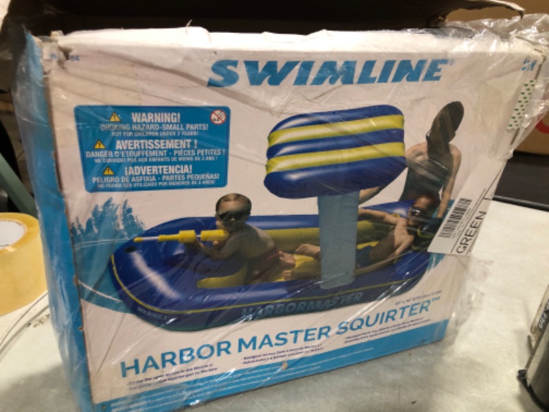 Photo 3 of SWIMLINE ORIGINAL Harbor Master Inflatable Patrol Boat Pool Float Ride On With Fun Constant Flow Water Squirter For Kids Cool Retro Style For Beach Ocean Pool Lake Extra Thick Large Floatie Patrol Boat Pool Squirter (Blue)