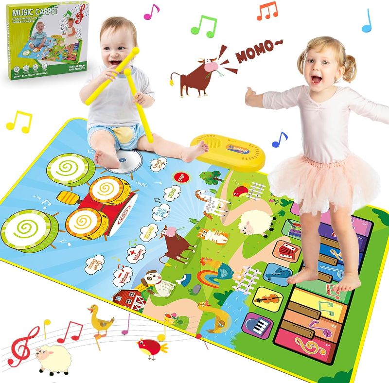 Photo 1 of 3 in 1 Musical Mat Toys for Toddlers 1-3 Piano Keyboard & Drum Set & Animal Sounds with 2 Sticks Birthday Gifts for 1 2 3 Year Old Boy Girl Present Sensory Play Mat Baby Infant Toy Age 1-2 Development