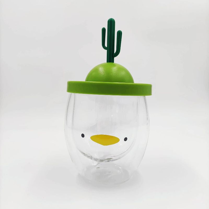 Photo 1 of 10oz(300ml) Cute Coffee Mug with Dual Use Base (A Draining Rack or A Lid), Double Layer Glass Animal Cup (Duck Cup with Green Rack)