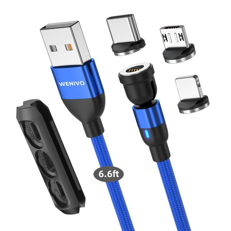 Photo 1 of 3 in 1 Fast Charging Data Cable 540 Rotation Magnetic Data Transfer Wire Nylon Braided, Type C, Micro, Phone 3A Multi Cord Lead for Android iOS Compatible with Phone, Pad, Samsung (1 Meter/3FT)