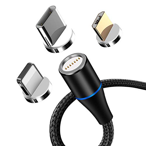 Photo 1 of 3 in 1 Fast Charging Data Cable 540 Rotation Magnetic Data Transfer Wire Nylon Braided, Type C, Micro, Phone 3A Multi Cord Lead for Android iOS Compatible with Phone, Pad, Samsung (1 Meter/3FT)