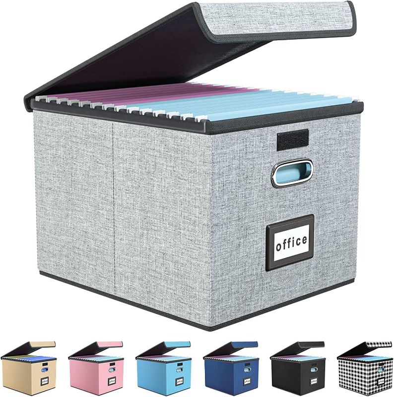 Photo 1 of Huolewa Upgraded Portable File Organizer Box with Lid with Plastic Slide, Decorative Collapsible Linen Hanging Home/Office Filing System Box for File and Folders Storage (Gray)