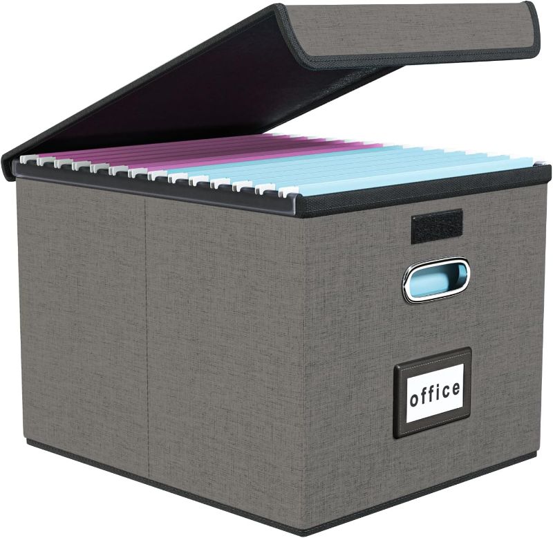 Photo 1 of Huolewa Upgraded Portable File Organizer Box with Lid with Plastic Slide, Decorative Collapsible Linen Hanging Home/Office Filing System Box for File and Folders Storage (Gray)