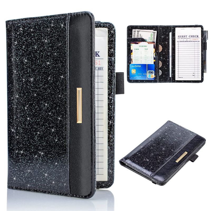 Photo 1 of DMLuna Server Book for Waitress, PU Leather Guest Note Pads Checks Organizer, Money Holder for Cash, Checkbook, Cute Serving Pocket Pouch, Waitstaff Wallet, Order Ticket Booklet, Fit Apron, Glitter Black