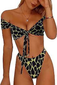 Photo 1 of S--PRETTYGARDEN Women's Two Pieces Leopard Print Knot Front Crop Off-Shoulder High Cut Bandeau Bikini Sets Bathing Suit (Z_Black,Small)