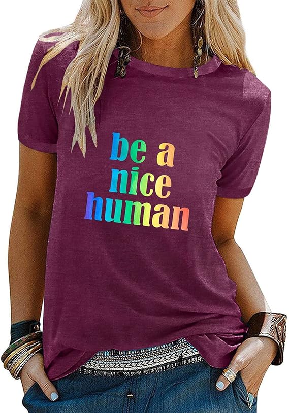 Photo 1 of Be A Nice Human T-Shirt Women Inspirational Graphic Tee Rainbow Cute Blessed Shirt Novelty T-Shirts Casual Teacher Tees - L