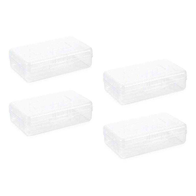 Photo 1 of Blue Summit Supplies Clear Plastic Pencil Boxes, Translucent Pencil Boxes for School, Crayon and Marker Boxes with Hinged Lids for Classroom or Office Storage, 4 Pack