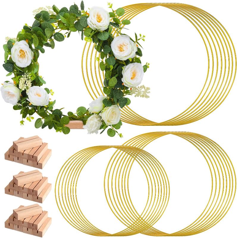 Photo 1 of 25 Set Metal Floral Hoop Wreath Macrame Large Hoop Centerpiece with Stand Gold Craft Hoop Rings Round Dream Catcher Rings for DIY Wedding Wreath Table Decor Centerpiece Crafts (8, 10, 12 Inch) 