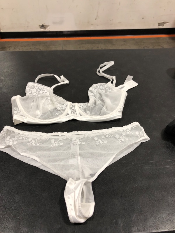 Photo 2 of Women's Sheer Unlined Bra Lingerie Set - Sexy Embroidered Bra and Panty Set Underwire Full Coverage 2 Piece White 38D