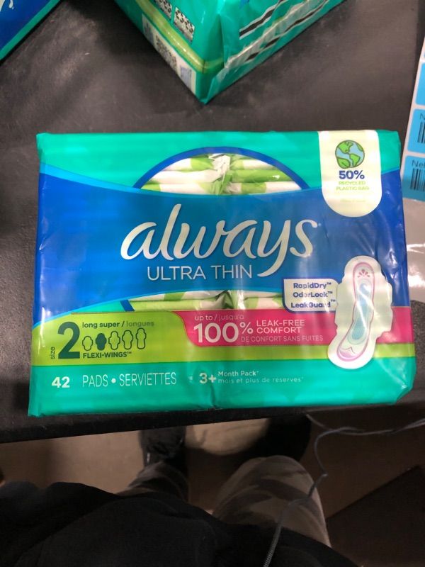 Photo 3 of Always Ultra Thin, Feminine Pads For Women, Size 2 Long Super Absorbency, With Wings, Unscented, 42 Count 42 Count (Pack of 1)