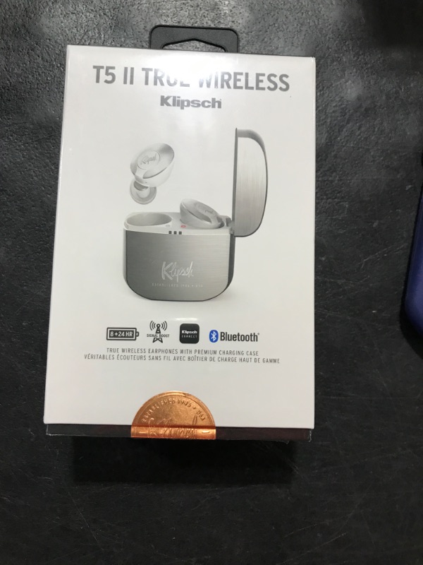 Photo 2 of Klipsch T5 II True Wireless Bluetooth 5.0 Earphones in Silver with Transparency Mode, Beamforming Mics, Best Fitting Ear Tips, and 32 Hours of Battery Life in a Slim Charging Case