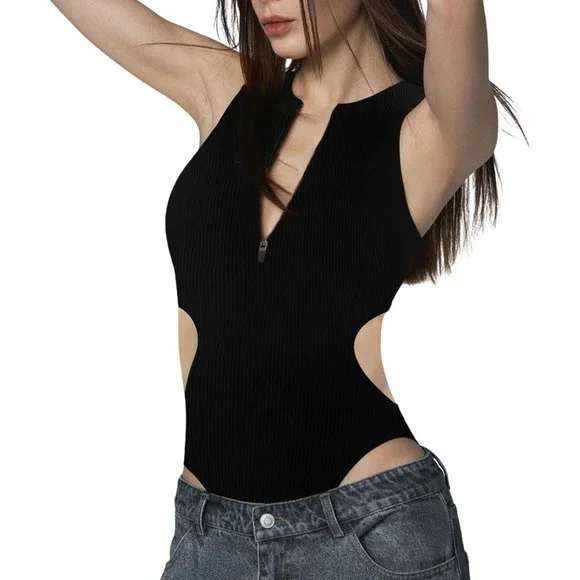 Photo 1 of Bodysuit for Women Cut Out Waist,Zipper Round V Neck Tank Bodysuit M