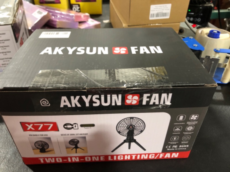 Photo 5 of Portable Camping Fan with Led Lantern, AKYSUN 10400mAh Rechargeable Battery Operated Fan with Hook for Tent, Outdoor, USB Desk Fan for Travel, Fishing, Home, Work & Hurricane Power Outage Emergencies
