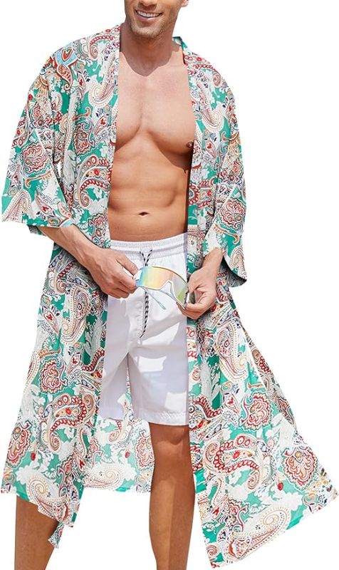 Photo 1 of AstoSeu Men's Lightweight Kimono Robe Japanese Jacket Printed Bathrobes Casual Open Front Long Cardigan Coat with Belt 2XL