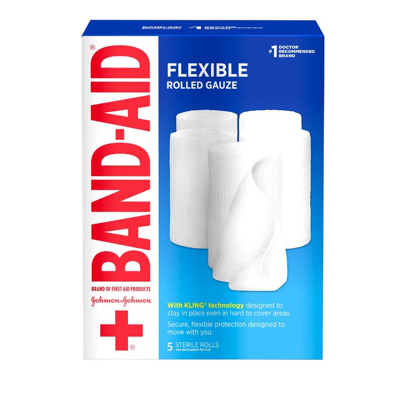 Photo 1 of Band-Aid Brand of First Aid Products Flexible Rolled Gauze Dressing for Minor Wound Care, Soft Padding and Instant Absorption, Sterile Kling Rolls, 4 Inches by 2.1 Yards, Value Pack, 5 ct