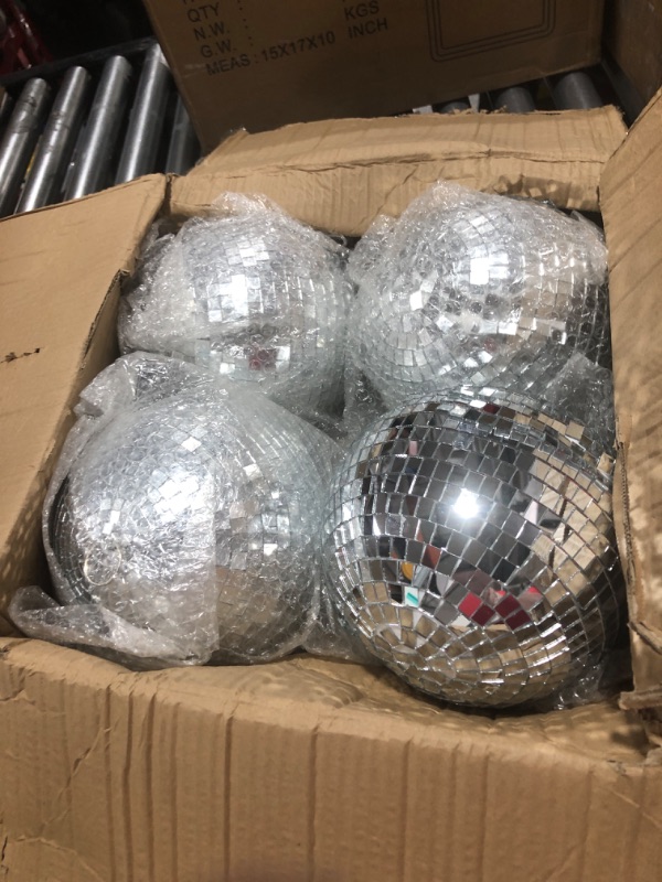 Photo 2 of 4 Pack Large Disco Ball Silver Hanging Disco Balls Reflective Mirror Ball Ornament for Party Holiday Wedding Dance and Music Festivals Decor Club Stage Props DJ Decoration (8 Inch)