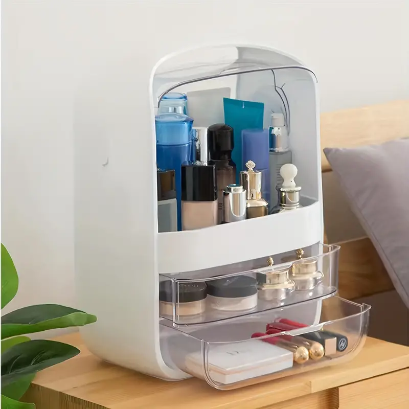 Photo 1 of 1pc 2-Tier Plastic Makeup Storage Organizer with Transparent Cover - Countertop Cosmetic Display Case for Jewelry, Brushes, and Sundries - Bedroom Dresser Skincare Storage Organizer Case
