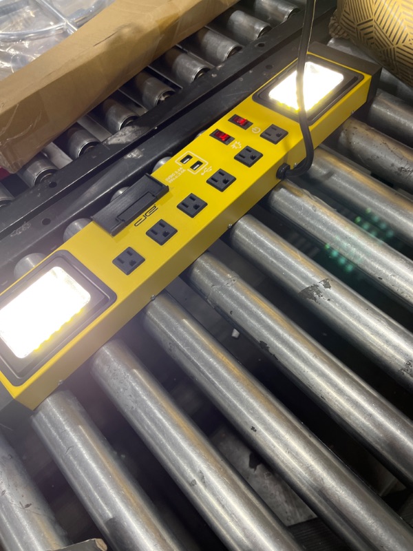 Photo 1 of Digital Energy 6 Outlet Heavy Duty Workshop Surge Protector Power Strip with LED Work Lights - AC 15A 125V 60Hz 1875W SJT 14AWG/3C - 2 USB Ports DC 5V 3.4A - 2 LED Lamps 500 Lumen 20W - 15 FT