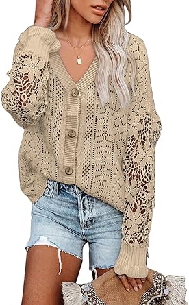 Photo 1 of AlvaQ Womens Lightweight Lace Crochet Cardigan Sweater Kimonos Casual Oversized Open Front Button Down Knit Outwear  Size S