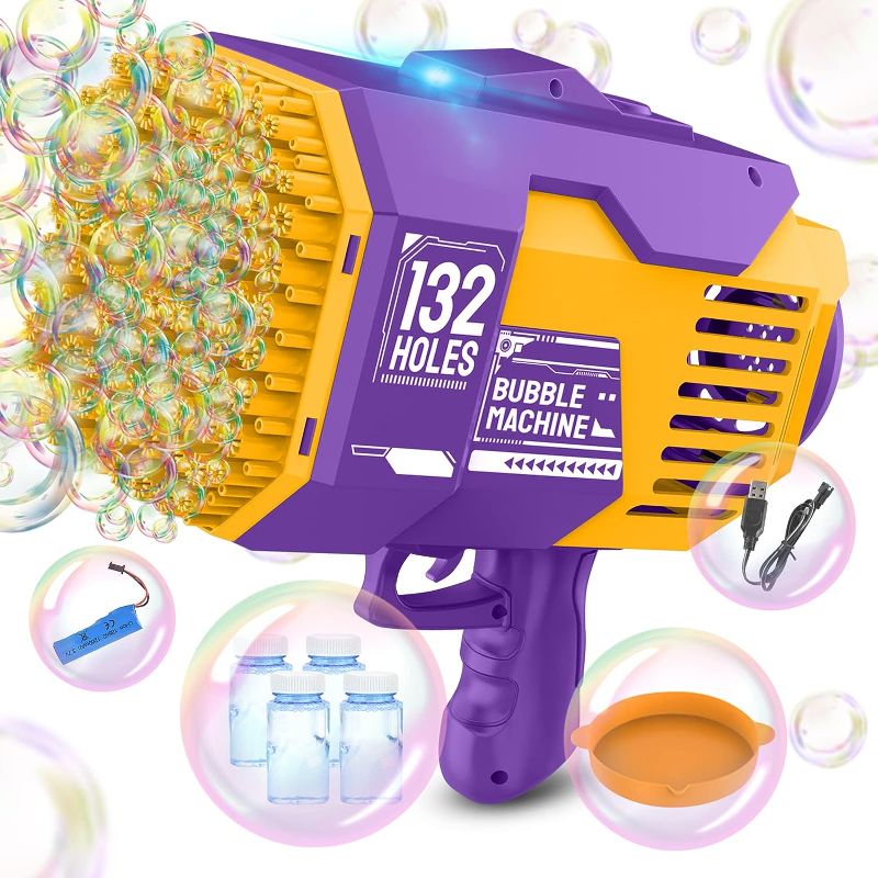 Photo 1 of 132 Holes Bubble Gun Toys, Rocket Launcher Bubble Blower Toy, Portable Bubble Machine with Colorful Light, Bubble Maker for Outdoor Indoor Games, Bubbles Machine for Wedding Birthday Gifts (Purple)