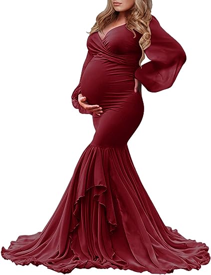 Photo 1 of small Saslax Long Chiffon Sleeve Tired Mermaid Maternity Dress for Photoshoot Photography Baby Shower