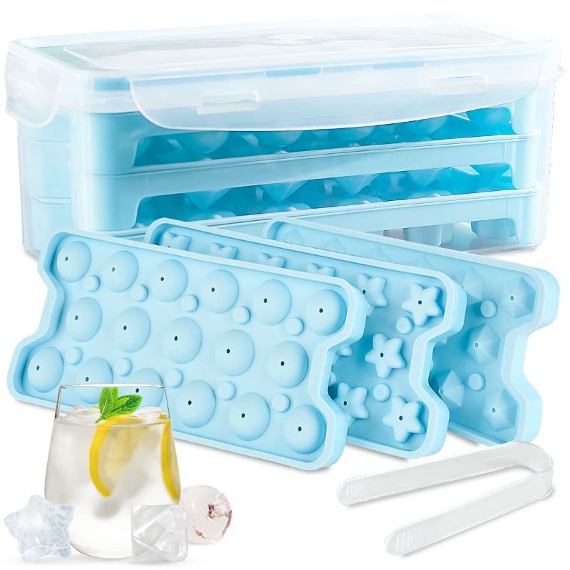 Photo 1 of 51-pcs Ice Tray - Ice Cube Trays for Freezer Set Of 3 Shapes with Lock Box - Ice Trays for Freezer, Silicone Ice Cube Tray, Silicone Ice Cube Molds, Round Ice Cube Mold, Ice Cube Molds For Cocktails Blue