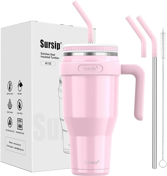 Photo 1 of 
Sursip 40 oz Mug Tumbler,Stainless Steel Insulated Tumbler with Non-Removable Handle–Keeps Drinks Cold up to 24 Hours–Sweat Proof, Dishwasher Safe,BPA Free,Fit in Car Holder-Pink
