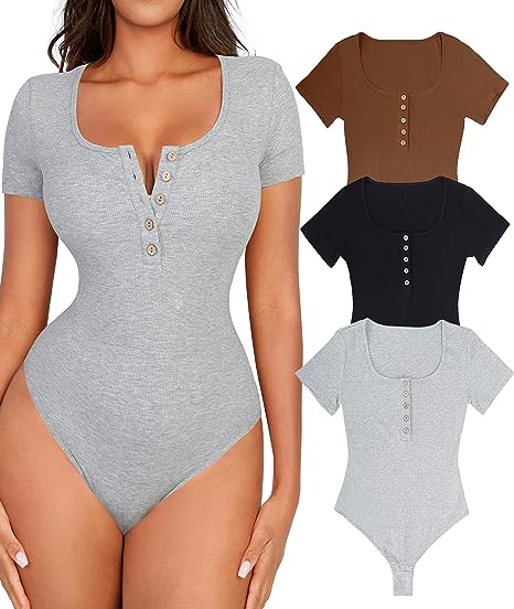 Photo 1 of FeelinGirl 3 Packs Short Sleeve Bodysuit for Women Henley Tops Ribbed Cotton T Shirts Summer Scoop Neck Casual Shirt
