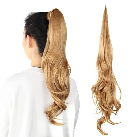 Photo 1 of 32 Inch Flexible Wrap Around Ponytail Extension Long Ponytail Hair Extensions Curly Blonde Synthetic Ponytails Hairpiece for Women 1 Pack,27#(Honey Blonde)