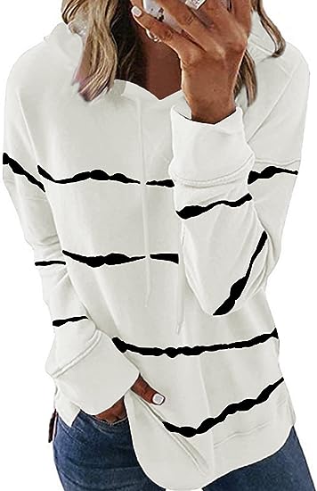 Photo 1 of Biucly Womens Casual Hoodies Striped Printed Sweatshirts Long Sleeve Shirts Drawstring Pullover Tops
L