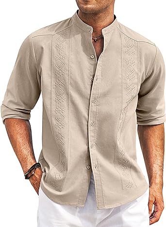 Photo 1 of COOFANDY Men's Casual Linen Shirts Cuban Guayabera Long Sleeve Beach Shirt Collarless Button Down T Shirts
M