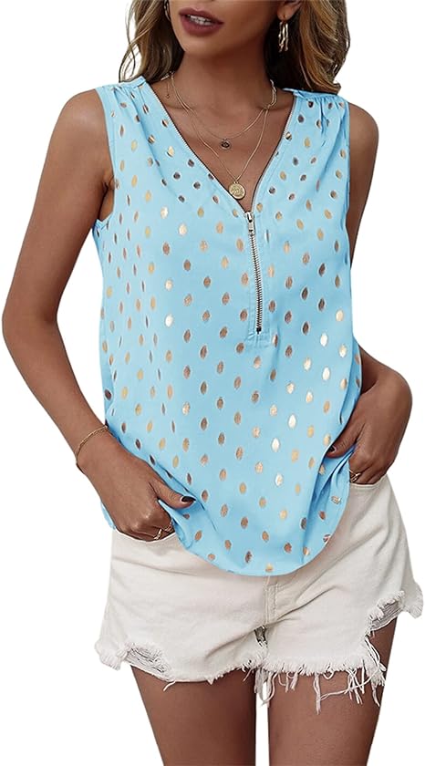 Photo 1 of Bwogeeya Women's Summer Sleeveless Tank Top V Neck Zipper Polka Dot Casual Blouses Tops - 