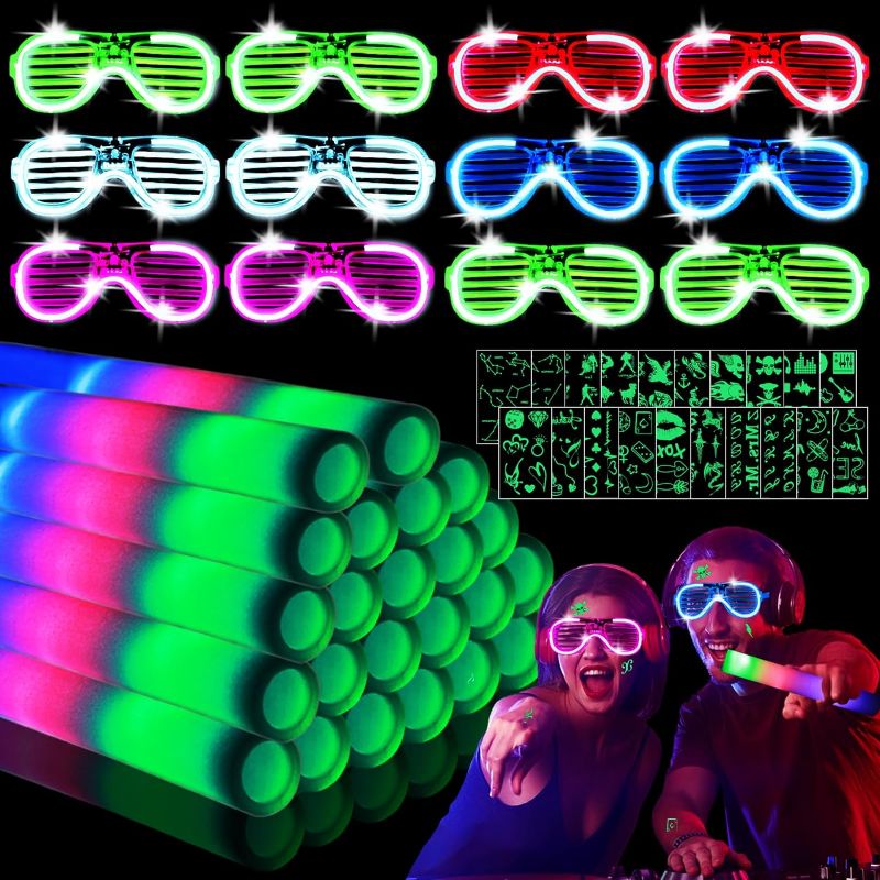 Photo 1 of 2023 Glow Sticks Set, 56PCS Glow in The Dark Party Supplies Include 24PCS 16"Foam Glow Sticks , 12PCS LED Glasses and 20PCS Glow Stickers for Halloween, Wedding, Birthday, Concert, Photo Props 