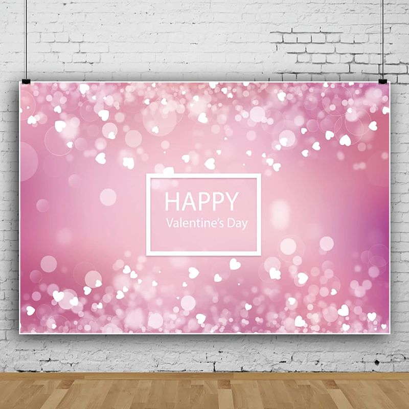 Photo 1 of 7x5ft Valentine's Day Photo Backdrop,Happy Valentine's Day Pink Love Heart Glitter Sequin Bokeh Backdrops for Photography Wedding Anniversary Valentine Day Dessert Cake Table Decor