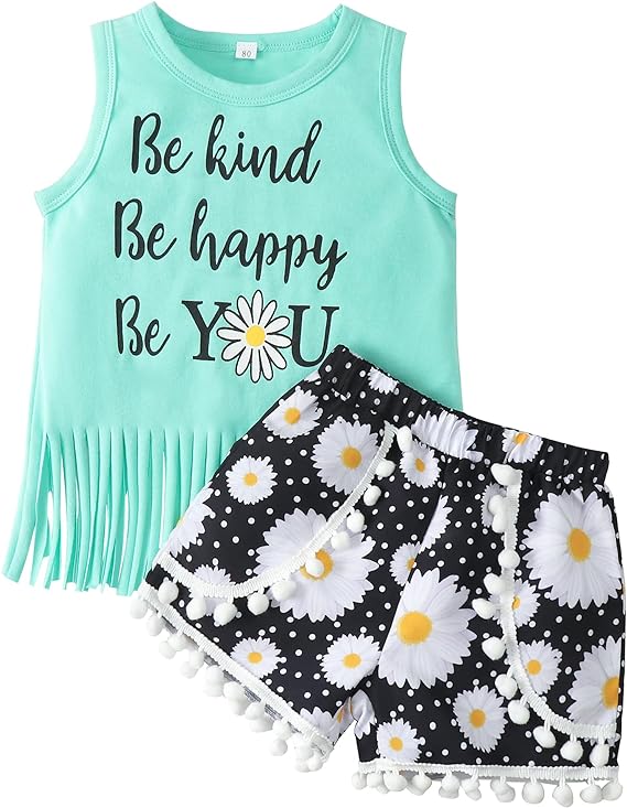 Photo 1 of Toddler Baby Girl Clothes Summer Outfits 2PCS Sets Letter Printed Sleeveless Top + Tassels Floral Shorts