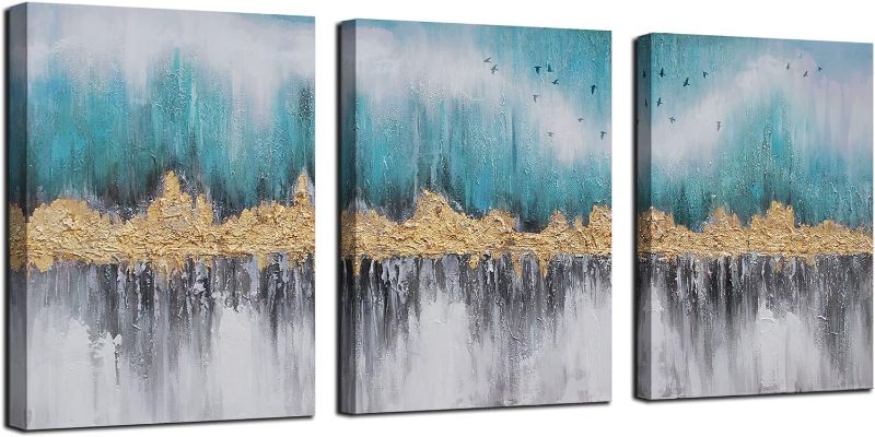 Photo 1 of Ardemy Teal Abstract Wall Art Summer Mountain Canvas Nature Scenery Painting, Blue Landscape Turquoise Pictures Artwork Framed for Living Room Bedroom Bathroom Home Office Wall Decor, 12"x16"x3 Panels 