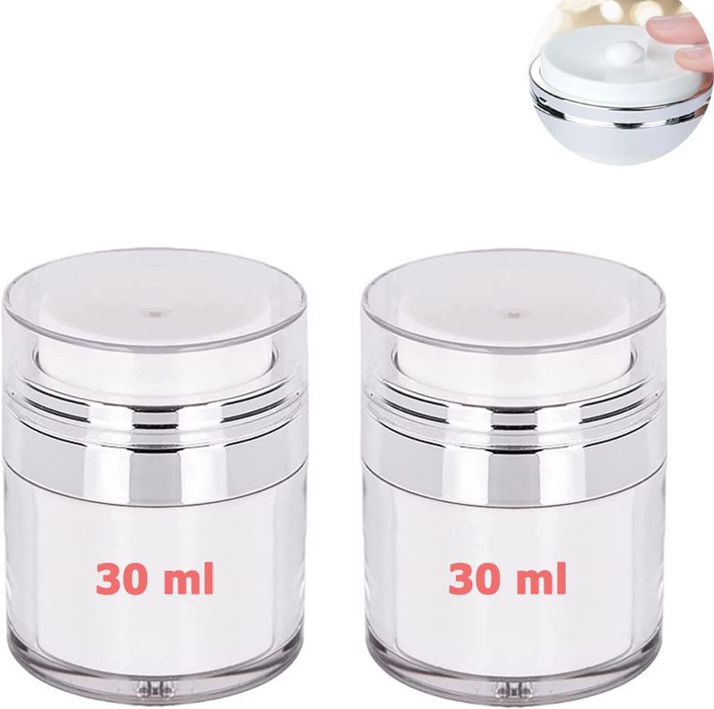 Photo 1 of 2 Pack 1 Oz Airless Pump Jars, Empty Acrylic Cosmetic Travel Containers Refillable Vacuum Jars Bottles for Lotions And Creams with lid, Leak Proof BPA FREE, TSA Approved, White, 30ml (1 oz / 30ml) 