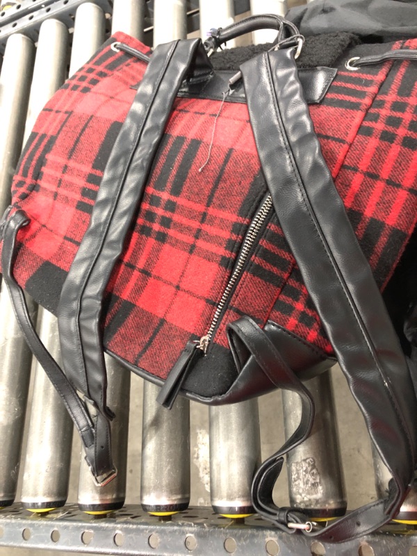 Photo 3 of BEARPAW Faux Shearling Trim Drawstring Backpack, Red and Black Buffalo Plaid
