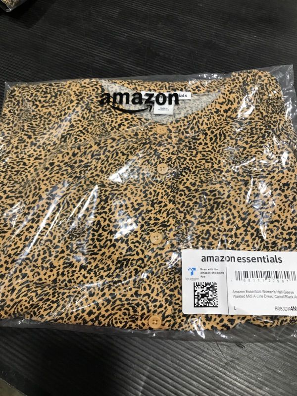 Photo 1 of Amazon Essentials Women's Relaxed Fit Half-Sleeve Waisted Midi A-Line Dress Large Camel/Black, Animal